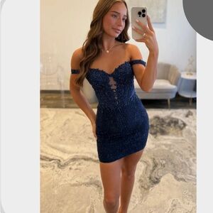 Elegant Navy Blue Lace Off-Shoulder Dress